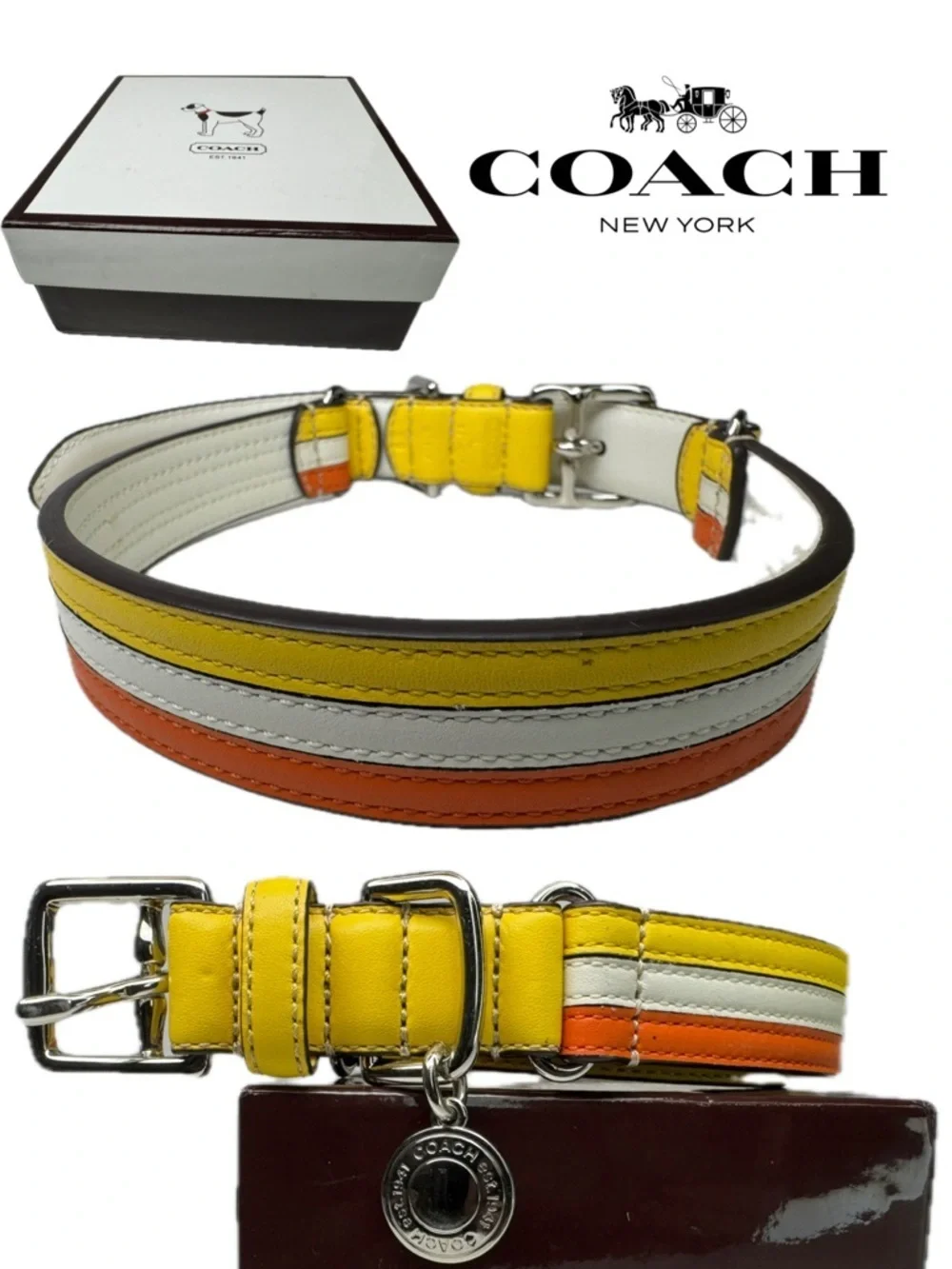 Coach Leather Y2K Striped Yellow White Orange Size Large 17-21” Dog Collar